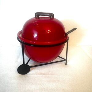 BW Ceramic Red Grill Backyard BBQ Condiment Serving Bowl Spoon Party Summer Nove